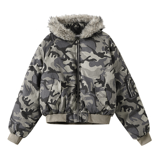 bomber座山雕大毛领迷彩连帽棉服男款冬季水洗做旧飞行员夹克外套