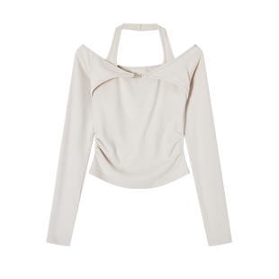 ACMEAURA性感一字肩长袖T恤女修身镂空挂脖打底衫简约百搭上衣女