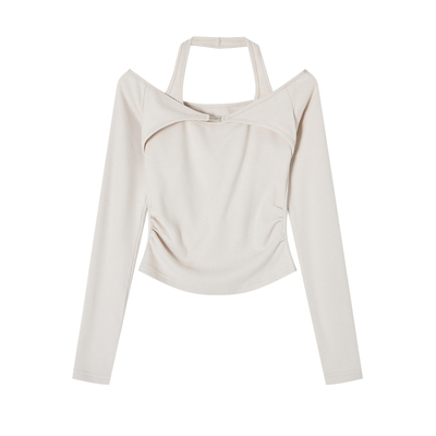 ACMEAURA性感一字肩长袖T恤女修身镂空挂脖打底衫简约百搭上衣女