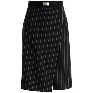 OBEG欧碧倩澳毛西装半身裙女秋冬条纹精仿羊毛一步裙10443124