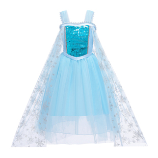 Frozen冰雪奇缘2艾莎公主裙夏季无袖女童演出服纯棉蓝色披风长裙6