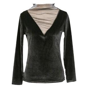 T恤女宽松长袖秋季新款大码胖mm网纱拼接立领性感打底金丝绒上衣