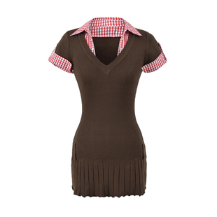 秀场同款辣妹西部牛仔农场风针织拼接假两件短袖连衣裙修身短裙春