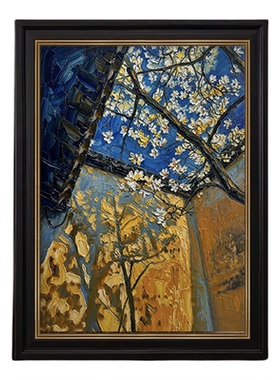蓝庭春雪》法式中古风纯手绘油画客厅艺术装饰画肌理玄关挂画沙发