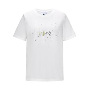 LILY2026春新款女装欧若风撞色刺绣珠片正肩休闲通勤白色短袖T恤
