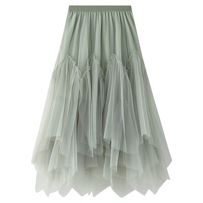 8350-不规则大摆网纱半身裙长裙