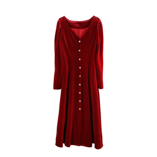 法式V领红色丝绒连衣裙女2026年秋冬新款加厚收腰年会礼服裙子