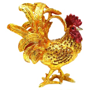 金属招财摆件金鸡祝福新年礼物合金珐琅凤尾公鸡摆件首饰盒装饰