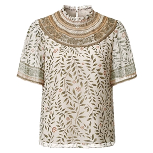 VGRASS维格娜丝夏季度假风立体刺绣云肩顺纡绉轻盈上衣桑蚕丝短袖