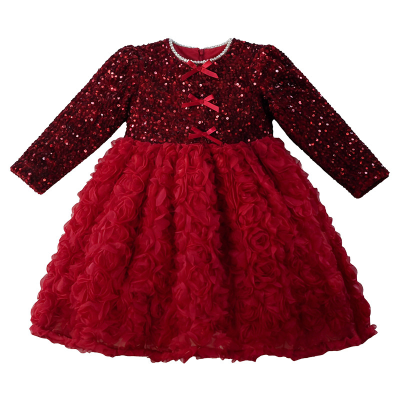 女童连衣裙秋冬2026新款儿童生日礼服红色加绒亮片裙子女孩公主裙