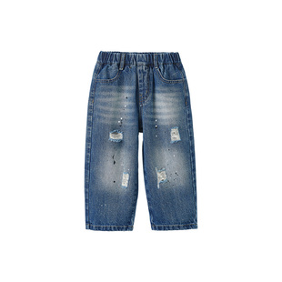 [软牛仔]博睿恩儿童重工泼墨涂鸦牛仔裤春款男女童直筒休闲长裤子