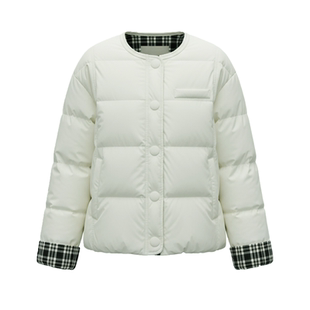 鸭鸭时尚短款羽绒服女2025冬季新款圆领拼接韩版格子百搭羽绒外套