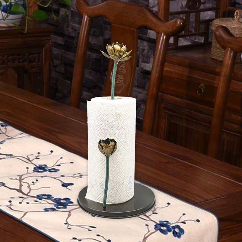 中式铁艺荷花复古风懒人抹布厨房纸卷纸筒纸立式保鲜袋收纳架摆件
