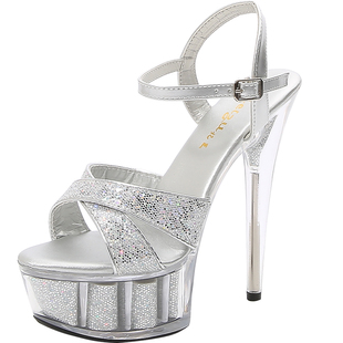 t台模特走秀高跟鞋女夜店演出亮片厚底防水台水晶鞋15cm公分凉鞋