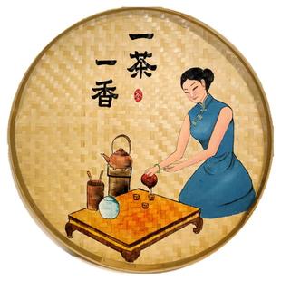 簸箕画茶文化复古手绘竹编画茶室茶楼装饰挂画竹筛子制茶作流程图