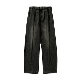 男士黑色直筒弯刀阔腿牛仔裤男款春季男裤2026新款美式裤子弯刀裤