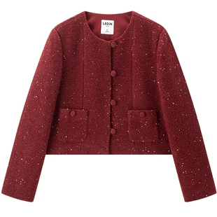 乐町精致法式短款粗花呢外套秋冬新款酒红色复古圆领小香风外套