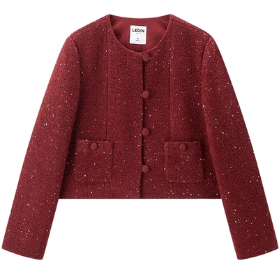 乐町精致法式短款粗花呢外套秋冬新款酒红色复古圆领小香风外套*