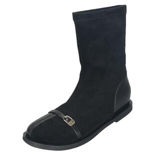 宽胖脚大码女鞋41到43秋季新款真皮靴子平底弹力靴瘦瘦靴短靴宽头