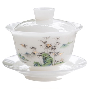 150ml高端冰种玉瓷中式陶瓷盖碗白瓷竹子山水画茶具茶碗功夫茶具