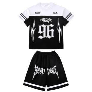少儿街舞潮服嘻哈男女童hiphop演出服黑白拼色T恤帅气套装运动酷