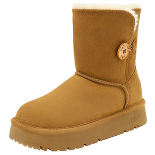 UBZ 防水雪地靴女加绒加厚2026冬季新款厚底中筒牛皮东北保暖靴子