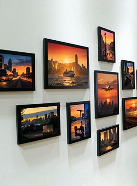 现代都市黄昏主题照片墙城市街景交通工具相框民宿墙面装饰画套装
