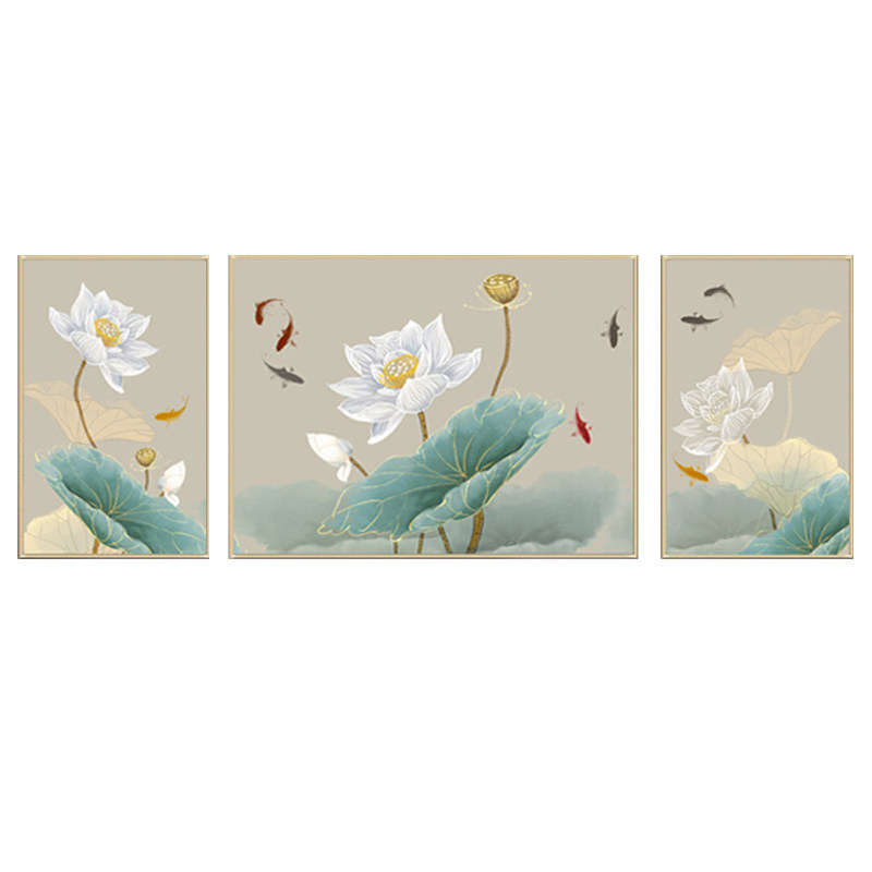 中式客厅荷花三联装饰画