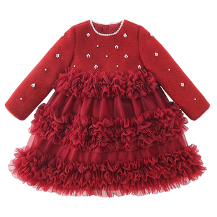 女童公主裙冬装2025新款儿童红色新年礼服女孩法式蓬蓬网纱连衣裙