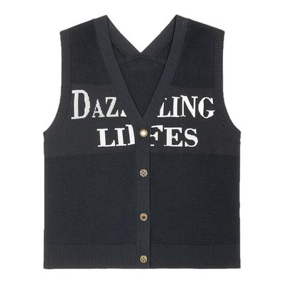 MSLAN 26春通勤复古风宽松V领撞色字母提花针织马甲背心女