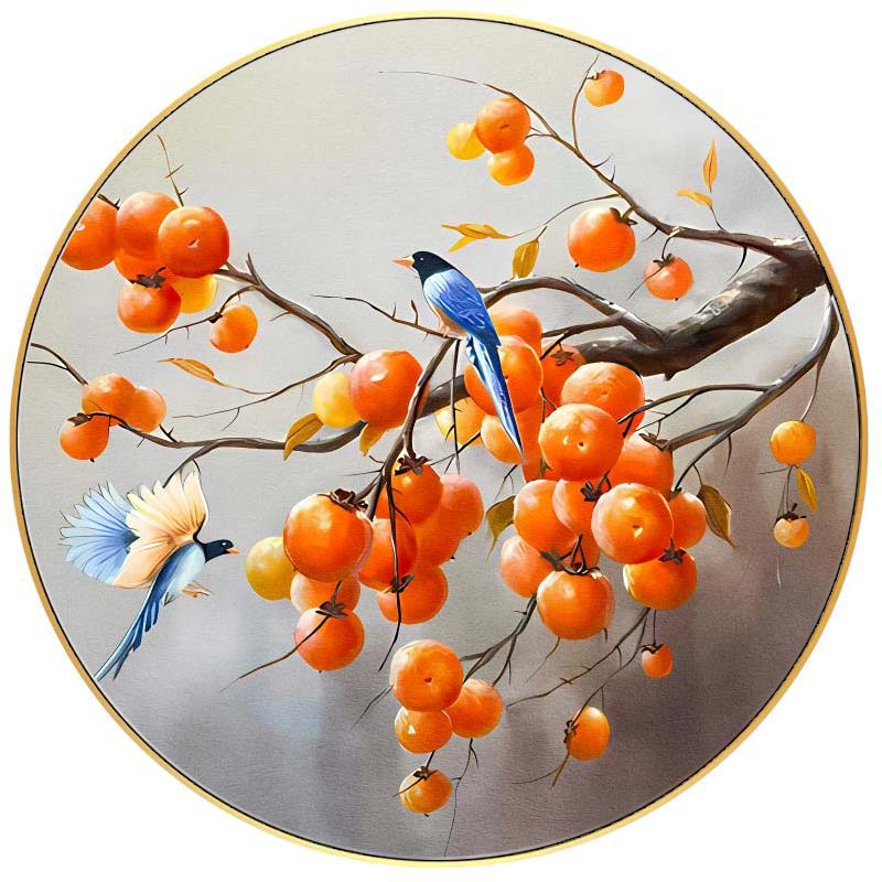事事如意柿子画新中式花鸟寓意好玄关装饰画客厅餐厅过道圆形挂画