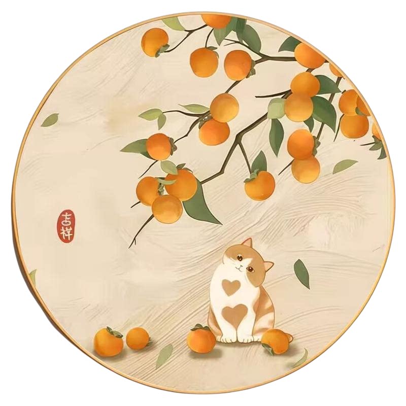 新中式柿柿如意猫咪圆形装饰画