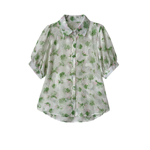 泡泡袖翻领短袖衬衫女夏季新款气质碎花宽松显瘦遮肉透明雪纺上衣