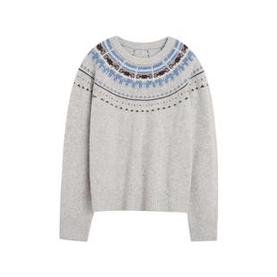 紫涵羊毛灰色费尔岛毛衣女2025年冬季新款宽松内搭圆领套头针织衫