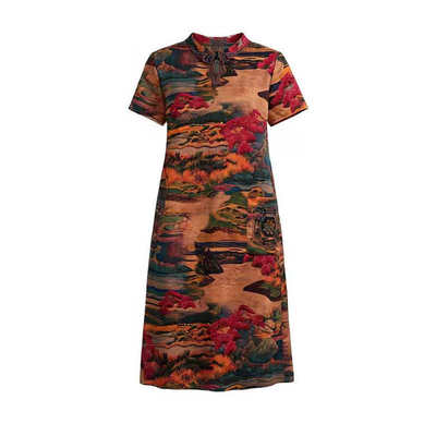 香薇姿气质印花直筒裙花罗香云纱