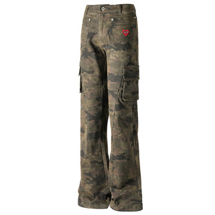查尔斯桃心 迷彩弯刀微喇牛仔裤男美式高街复古宽松直筒工装长裤