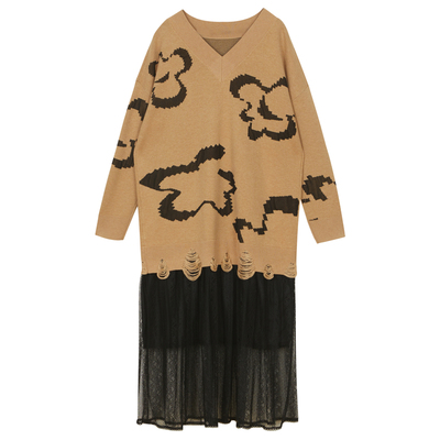 谜底2022春新款简约时髦H型V领毛线裙针织连衣裙221MZ0320