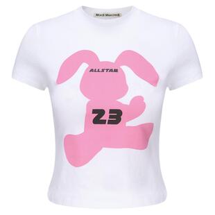 MardiMercredi粉红小兔子游泳女孩辣妹短袖t恤露脐短款童趣上衣