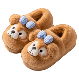 可爱小熊棉拖鞋女款包跟秋冬季居家宿舍厚底防滑外穿保暖毛绒棉鞋