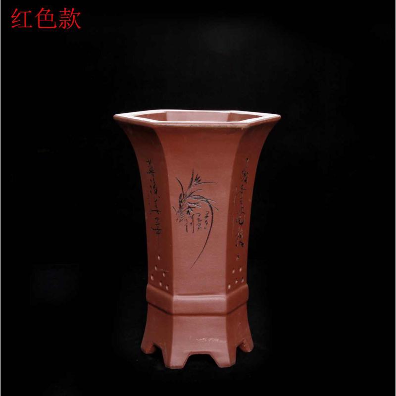 宜兴新款古典桌面地面紫砂陶瓷兰花盆君子兰吊兰盆栽腰线六方