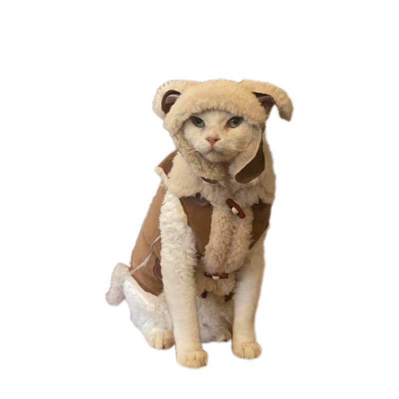 秋冬斯芬克斯无毛猫衣服德文复古机车款翻毛皮马甲小猫狗狗厚外套