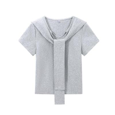 班尼路海军领短袖T恤女春夏新款小个子短款修身显瘦披肩设计上衣N