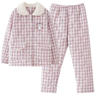 冬季睡衣女纯棉三层夹棉长袖保暖加厚休闲加绒超厚家居服两件套装