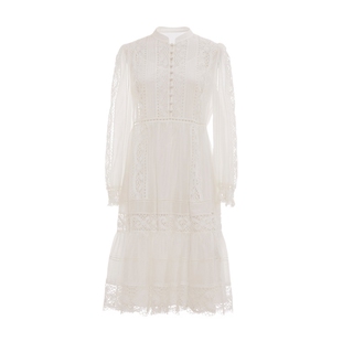 COCOON商场同款重工蕾丝镂空小立领连衣裙女春款