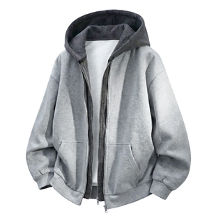 男士撞色假两件卫衣男款连帽开衫外套男2026新款380g重磅宽松上衣