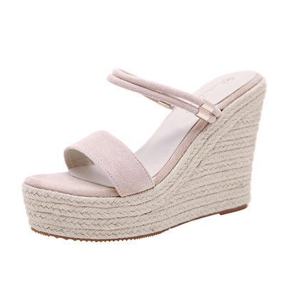 坡跟松糕厚底金属扣带草编凉鞋