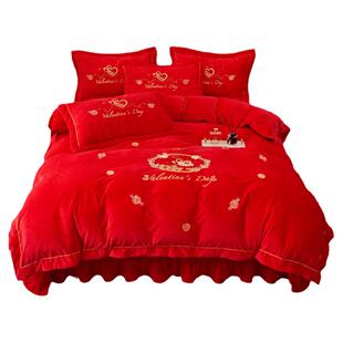 结婚庆红色婴儿绒四件套床盖款牛奶珊瑚绒双面绒被套加厚高端冬季