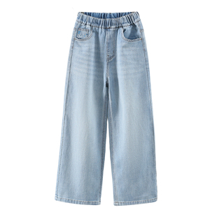 女童春款牛仔裤2026年新款春装中大童韩版蓝白交叉刺绣阔腿牛仔裤