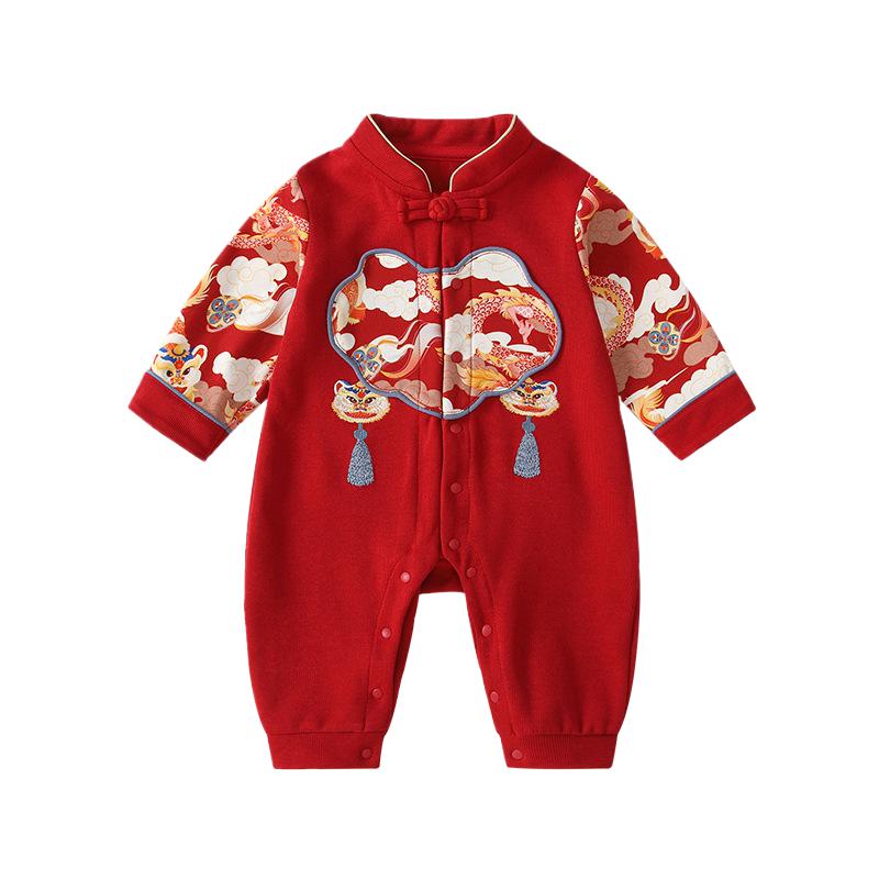 婴儿长袖连体衣春秋款男宝宝爬服满月百天周岁礼服拜年服红色哈衣