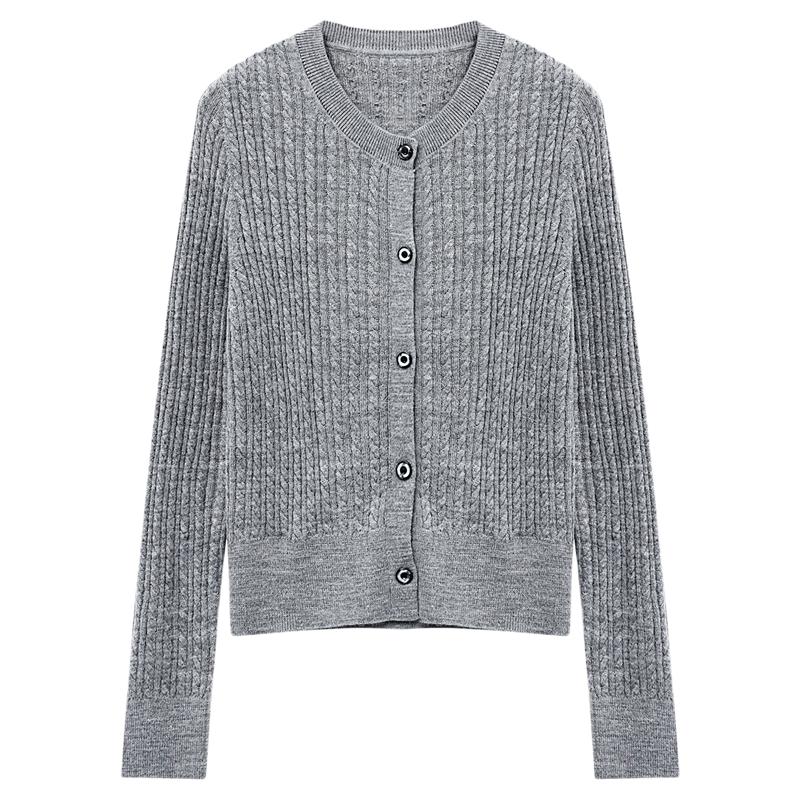 Basic House/百家好25绞花针织开衫女秋冬保暖通勤风短款毛衣外套